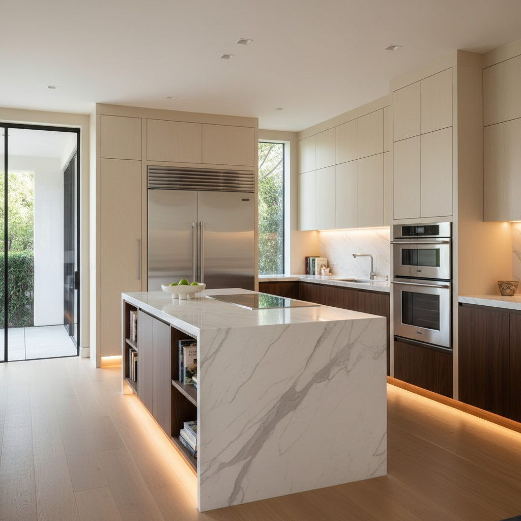Upscale kitchen with integrated refrigerator and wall oven