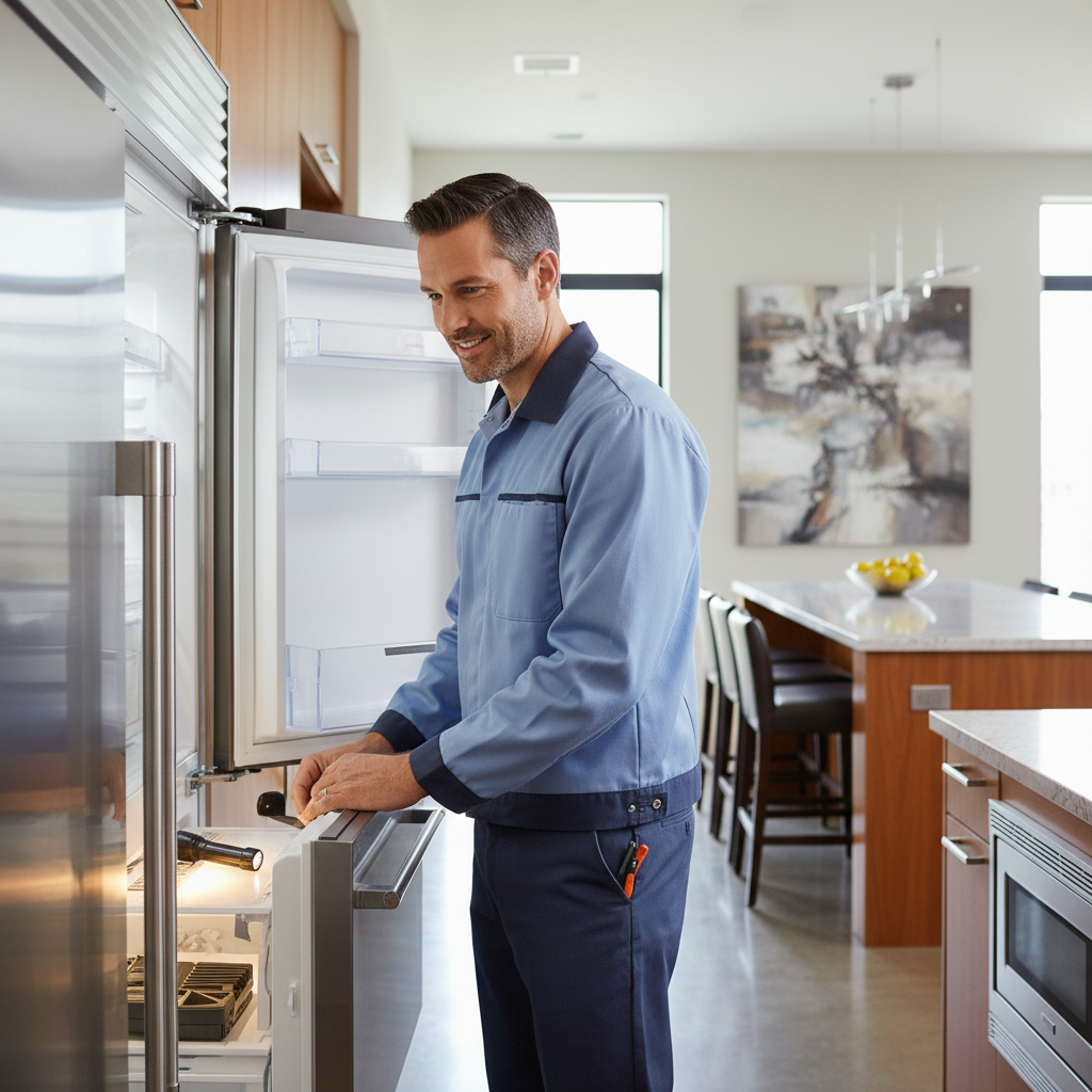 Professional appliance technician inspecting a built-in refrigerator
